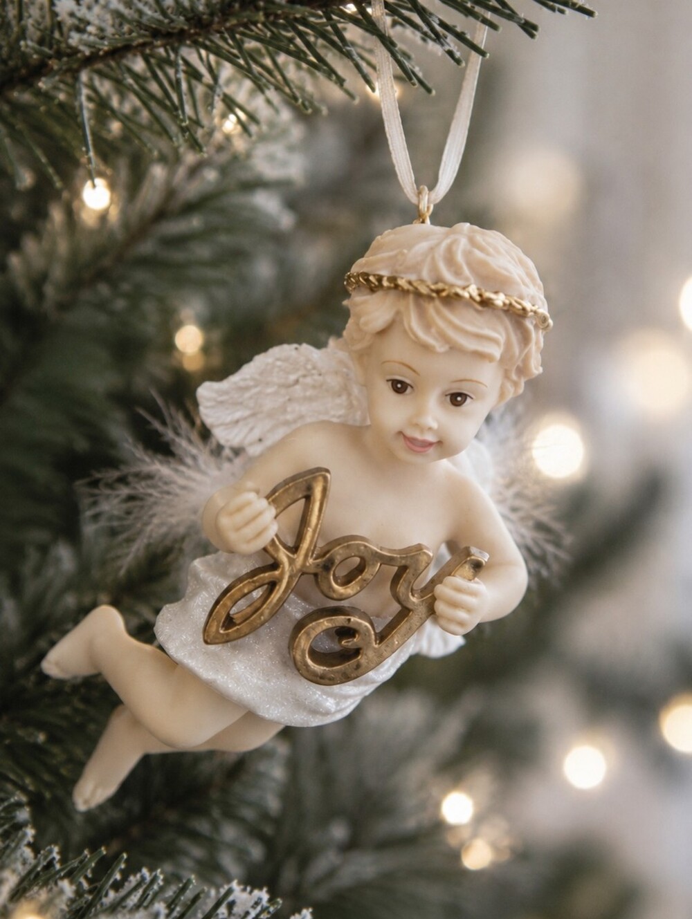 Vintage Cherub Angel JOY Christmas Ornament Resin Holiday Tree Decor